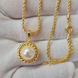 Gold Plated Pearl Pendant Necklace With Rope Chain For Women, Girl 16in